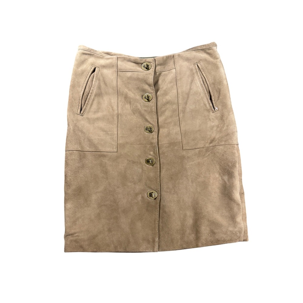 Vintage Eddie Bauer Suede Skirt Tan Brown Leather Turn Lock Button Front Size 4